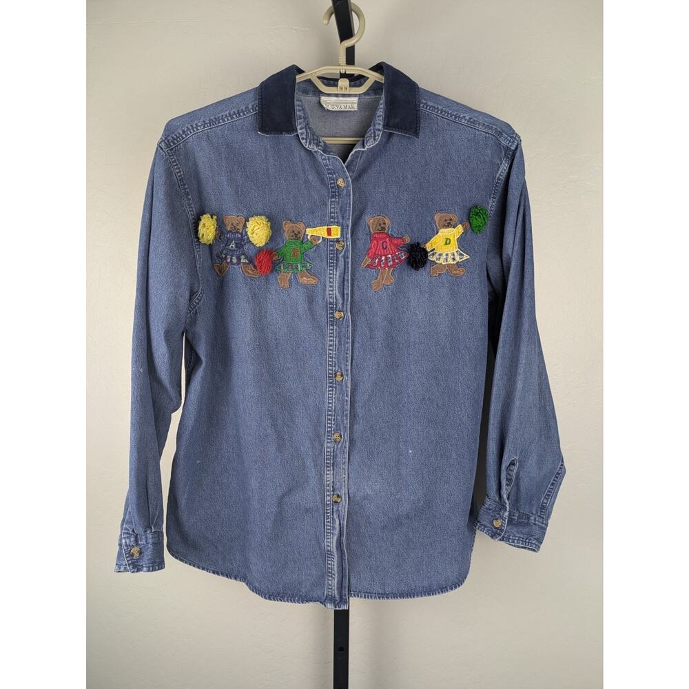 Casey & Max Denim Button Front Shirt Teddy Bear Cheerleaders Pom Pom measures XL